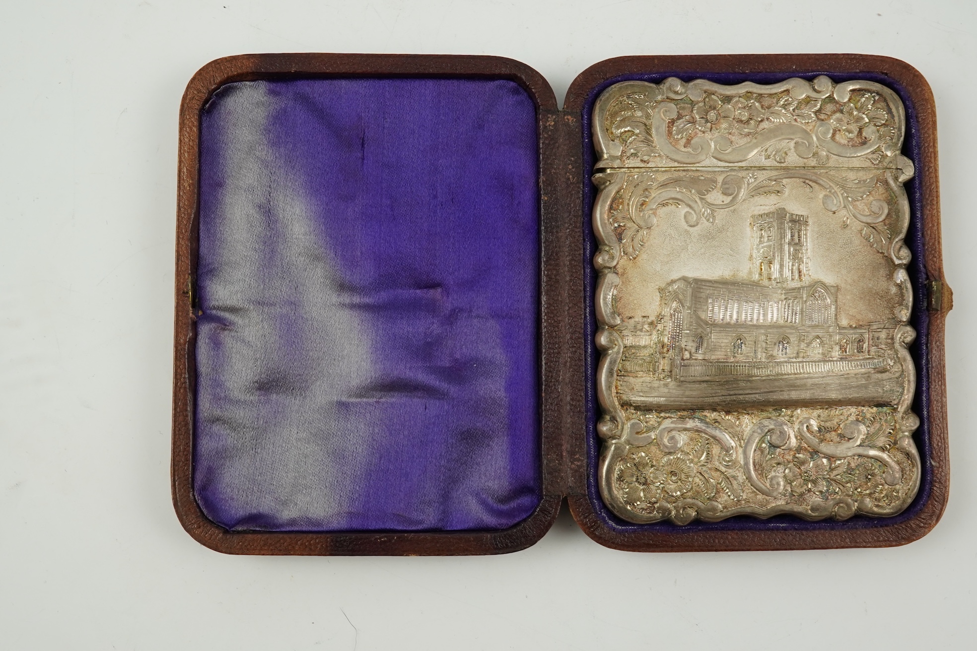 A Victorian silver 'castle top' card case by Hilliard & Thomason?